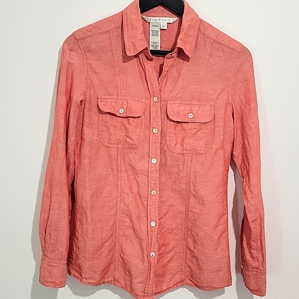 LINEN COTTON BLEND MAX STUDIO WOMEN'S CORAL BUTTON-UP SHIRT
